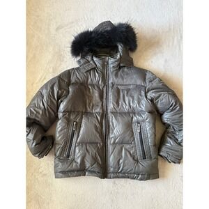 VORGE Mens XL Puffer Jacket Winter Coat Faux Fur Hooded Padded Warm